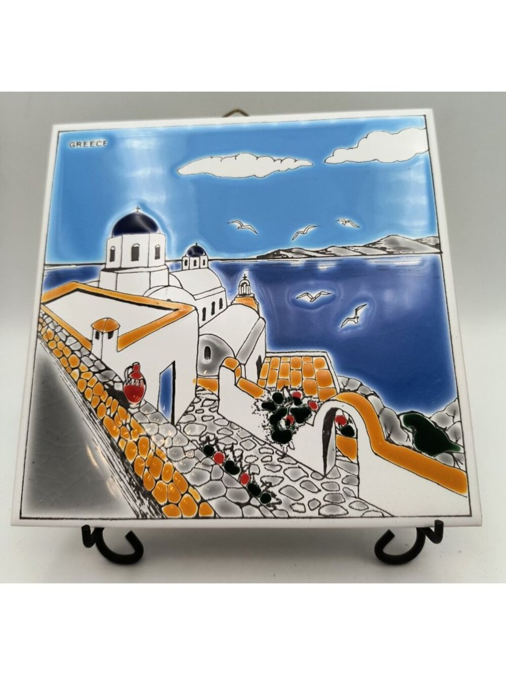 Vintage Hand-Painted Greek Ceramic Wall Tile Featuring Santorini Landscape